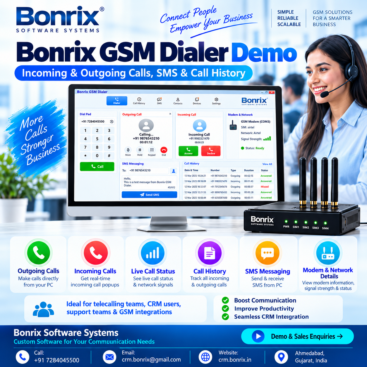 Bonrix GSM Dialer Demo | Incoming & Outgoing Calls, SMS & Call History